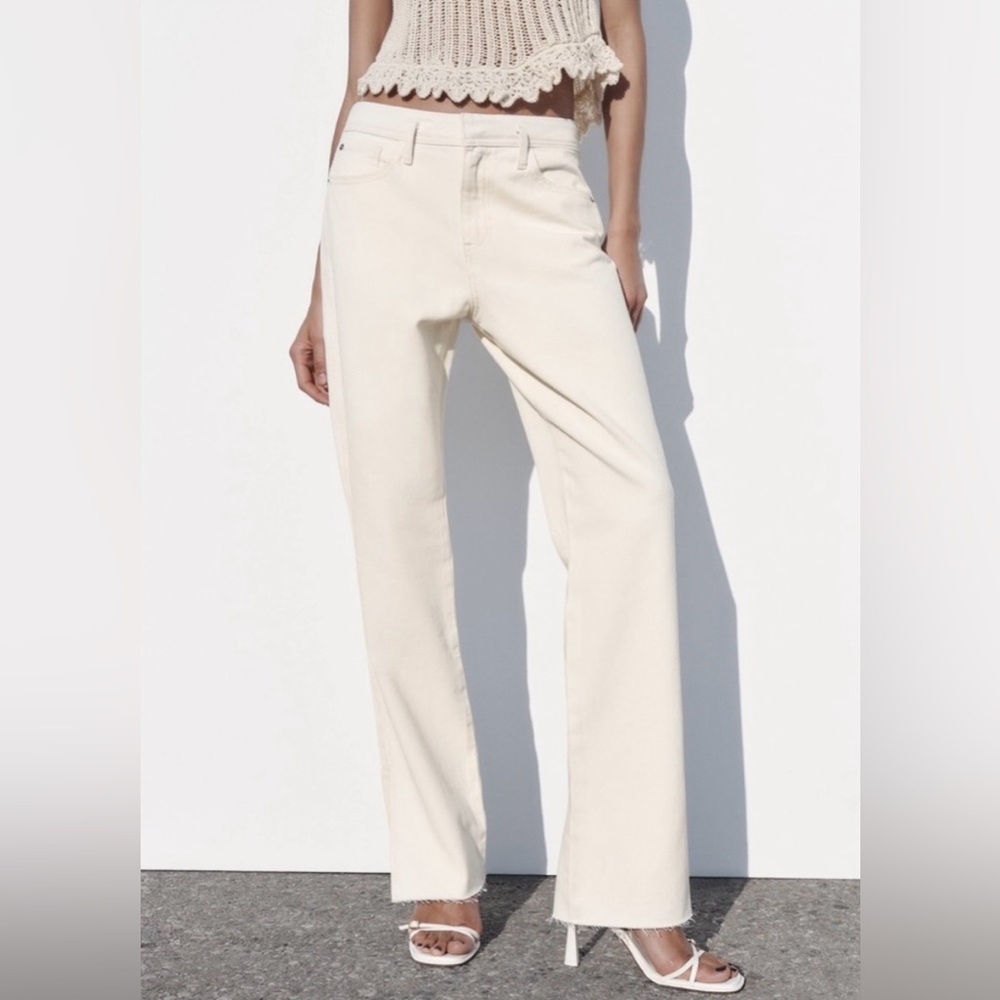 Zara NWT Ivory High Rise Straight Split Denim Pants